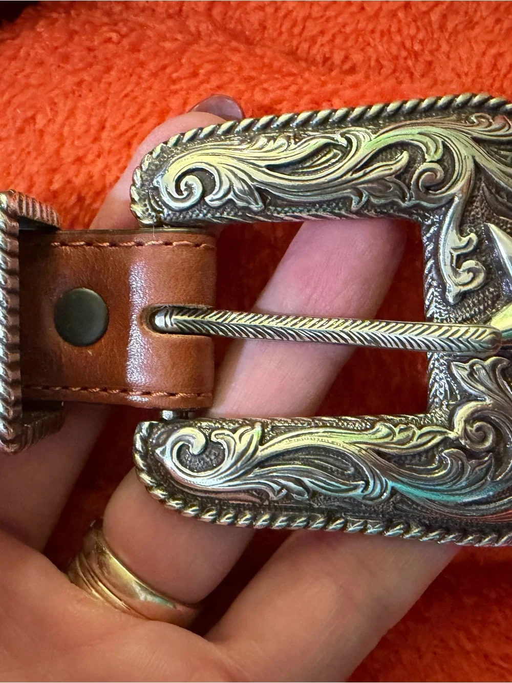 Tony Lama Western Leather Belt Size 42 Tooled Brown Silver Star Buckle EUC